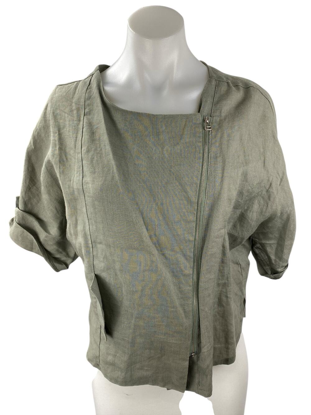 Culture Call Women's Green Short Sleeve Square Neck Zip Up Shirt Blouse Top Sz S